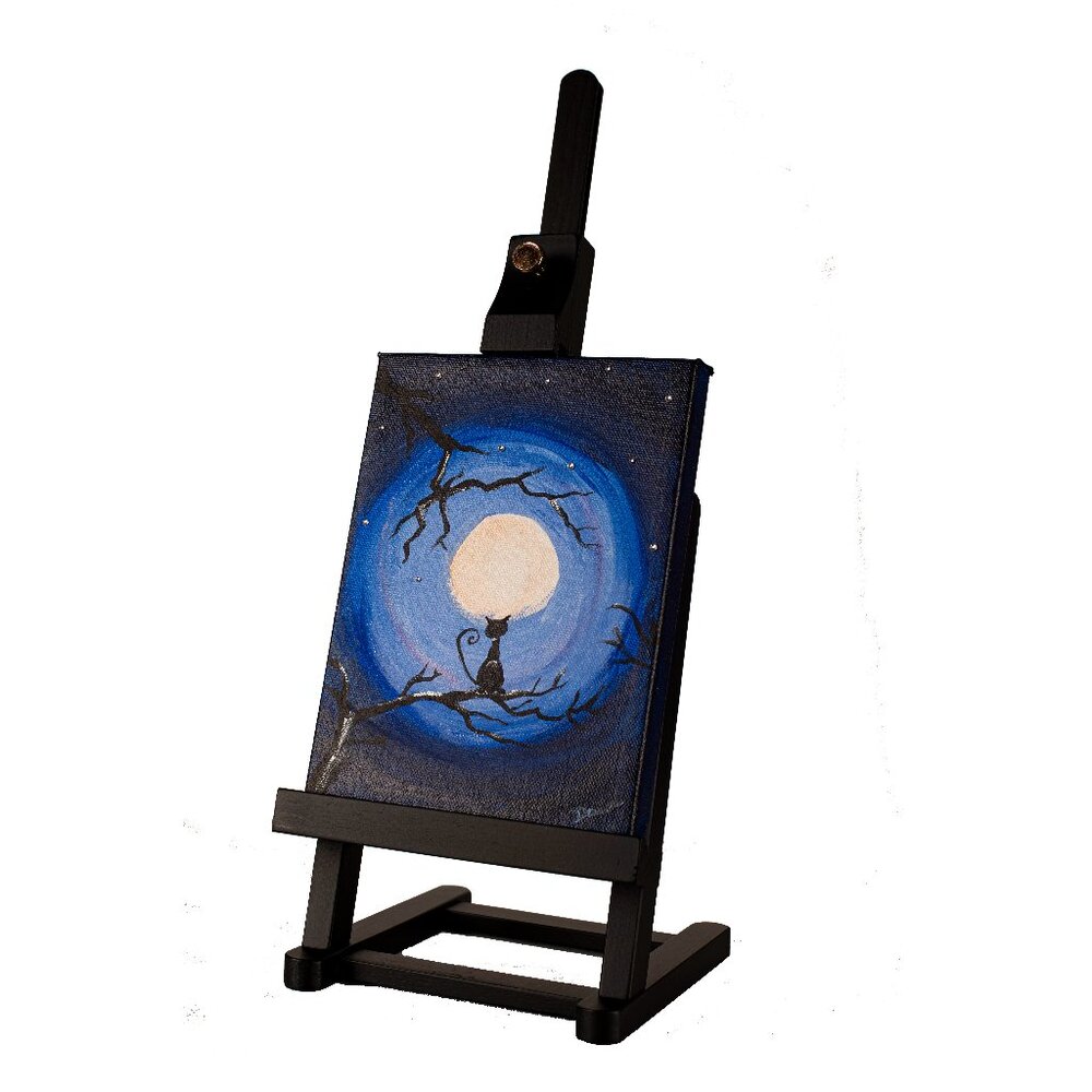 Orig Acrylic Painting w/Easel "Cat and the Moon I" by Dawn M. Wayand Desk Art